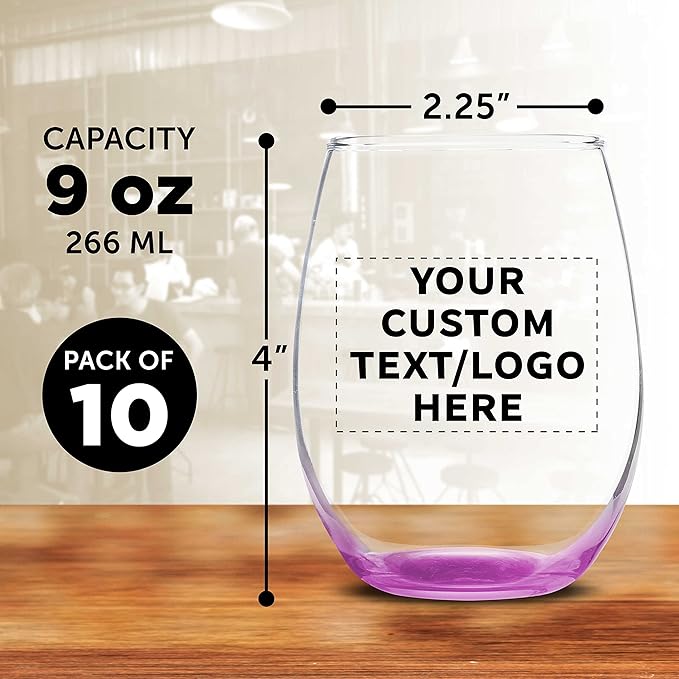 Custom Stemless Wine Glass 9 oz. Set of 10, Personalized Bulk Pack - Great for Wedding Favors, Bachelorette Party Decorations, Party Favors, Color Bottom - Pink