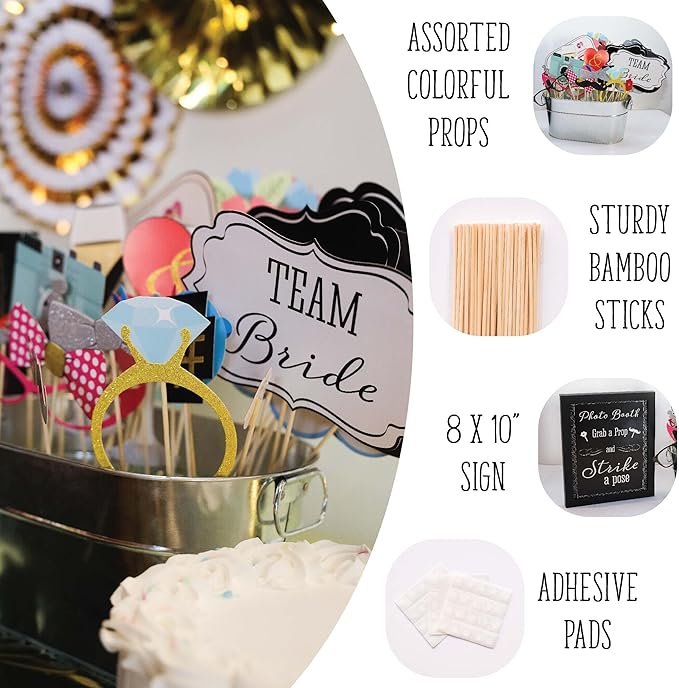 Wedding Photo Booth Props with 8 x 10-Inch Sign, 45 Adhesive Pads, 35 Wooden Sticks - Signs for Wedding Backdrop and Selfie Station