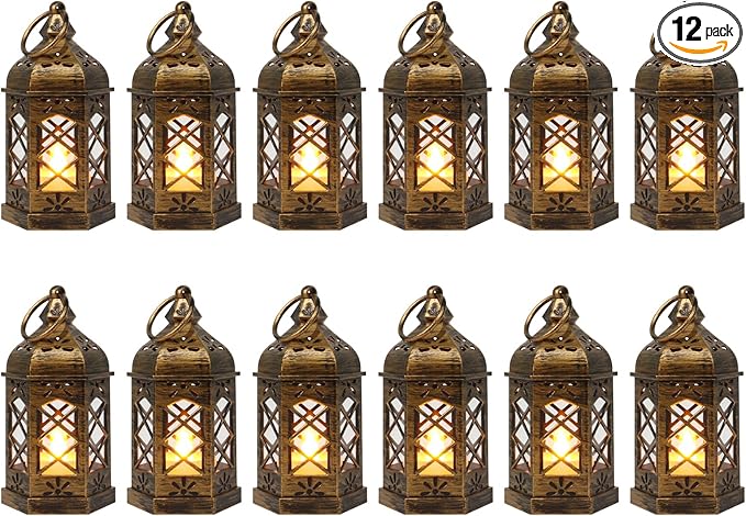 LLQ Mini Lantern with LED Candle, 12PCS Small Lanterns Decorative Indoor, Vintage Moroccan Lights for Halloween Decorations, Hanging Ornaments for Christmas, Table Centerpiece, Boho Wedding Decor