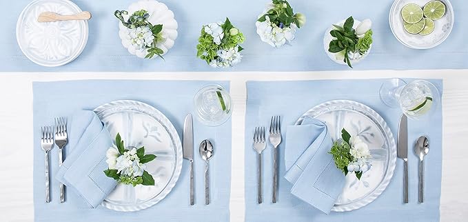 Solino Home Linen Sky Blue Table Runner 48 Inches - Classic Hemstitch, 100% Pure Linen Coffee Table Runner 14 x 48 Inch Ideal for Dresser Tables - Holiday