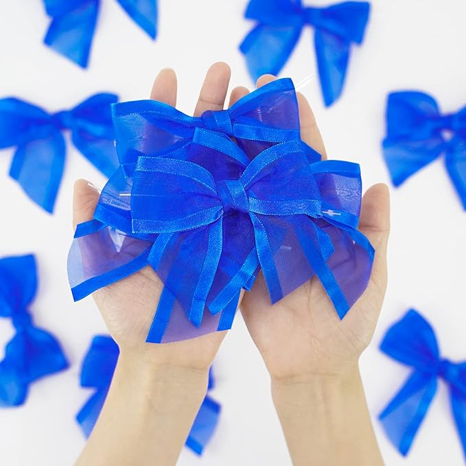 AIMUDI Royal Blue Bows 4" Organza Bows Premade Twist Ties Bows for Gift Wrapping Crafts Treat Bags Baskets Cake Pop Baby Shower Birthday Wedding Decor - 12 Counts