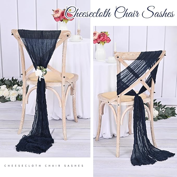36 Pcs Navy Blue Cheesecloth Chair Sashes, 16 x 108 inch Gauze Fabric Washable Chair Sashes Bows Designed for Aisle Decorations Universal Chair Cover Decor for Wedding Reception Party Banquet