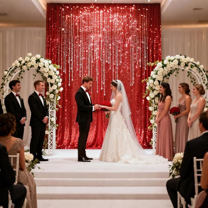 VOK Red Sequin Backdrop Curtains 4 Panels 2FTx8FT Glitter Photography Background for Wedding Birthday Christmas Party Decorations