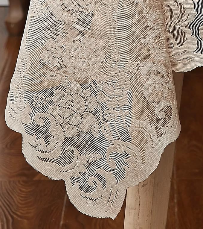 LinenZone Square Linen Tablecloth for Rustic Vintage Decor. Sheer Lace Table Cloth Works Great As Wedding Tablecloth or Thanksgiving Table Cover. (Mia TC 60 x 60, Linen)