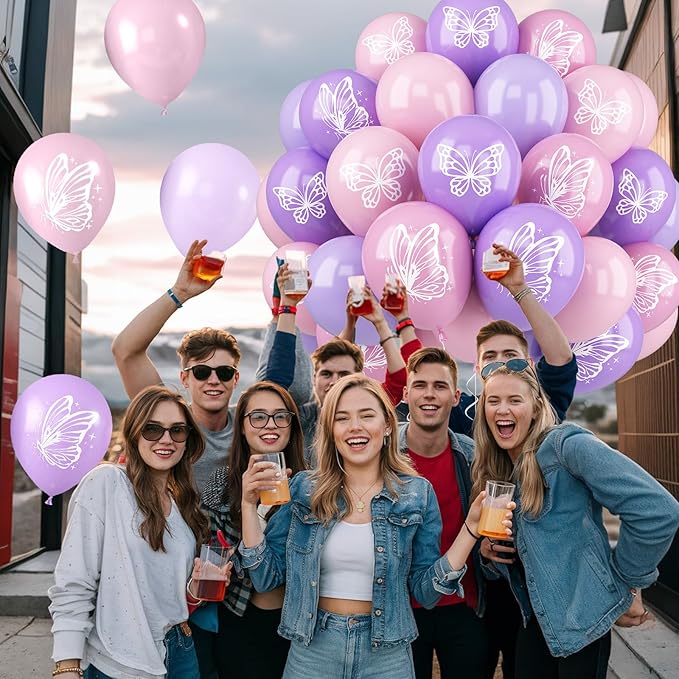 Maca Pink Purple Butterfly Printed Balloons - 52 PCS 12 Inch, Perfect for Baby Shower, Girls' Birthday Parties, or Wedding Decorations