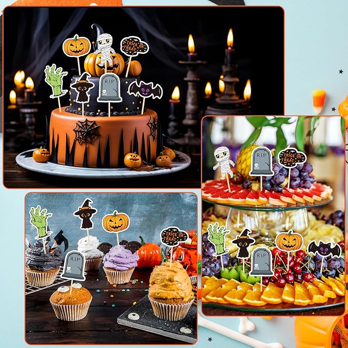 NACHLYNN 70pcs Halloween Cupcake Toppers Spooky Haunted House Night Party Fruit Cake Decoration Favors