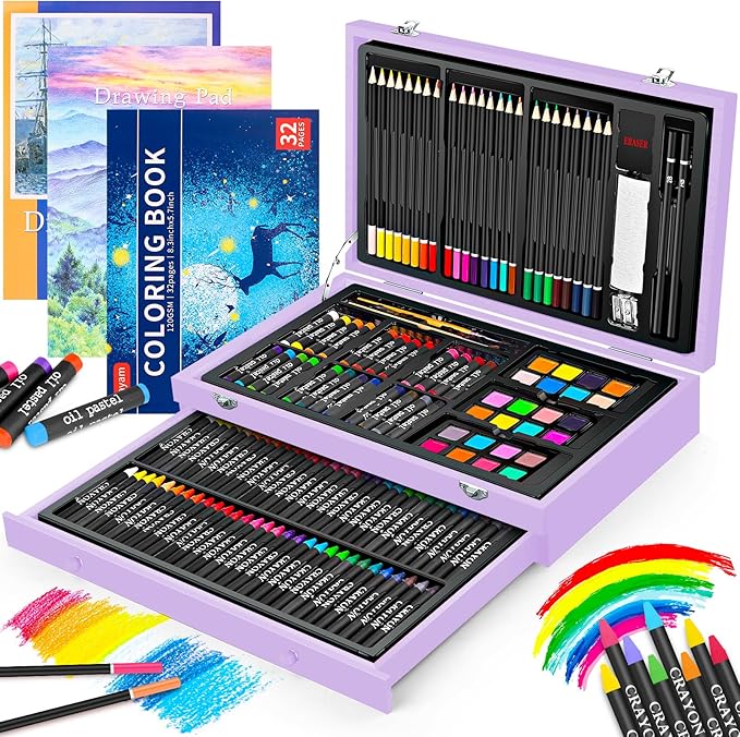 Stocking Stuffers for Kids Teens Adults, Birthday Party Art Supplies, Christmas Gifts for Teenagers, 150-Pack Wooden Art Set Crafts Drawing Painting Kit with 1 Coloring Book, 2 Sketch Pads