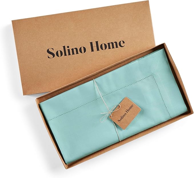 Solino Home Cotton Linen Table Runner 108 Inches Long - Hemstitch Pastel Turquoise Dining Table Runner 14 x 108 Inch