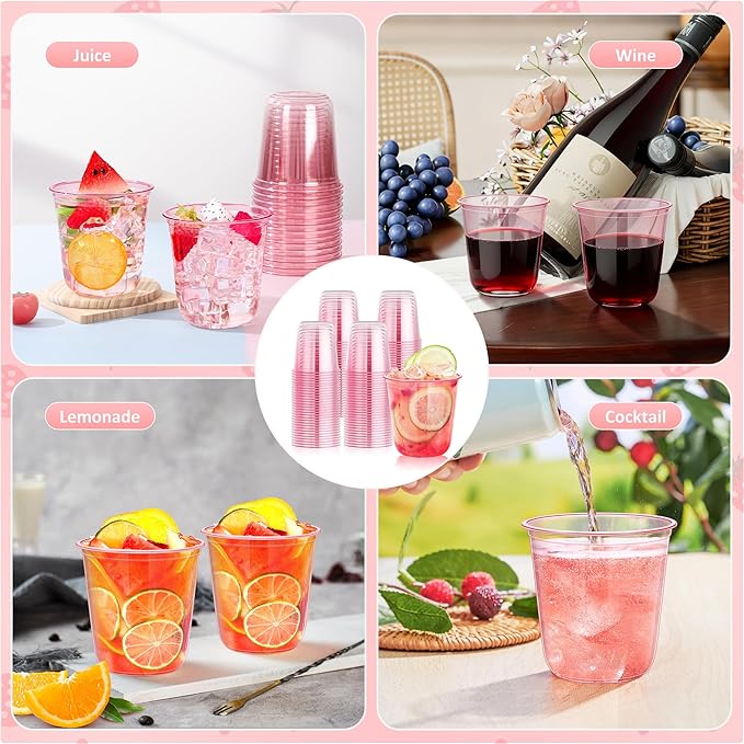 DI QIU REN 100PCS 12 OZ Pink Plastic Cups Pink Cups Disposable Wine Glasses Round Bottom Plastic Cup Martini Party Cup for Birthday Wedding Meeting Valentines Baby Showers Picnic Festive Celebrations