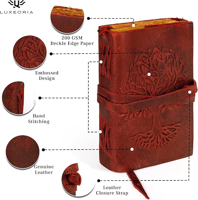 LUXEORIA Tree Of Life Leather Journal for Women and Men, Handcrafted Leather Journal for Writing Womens, Sketchbook, Travel Diary with Unlined Deckle Paper, Wine Red 6x8