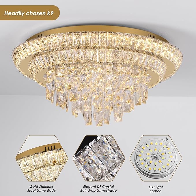24 inch Crystal Gold Ceiling-Light Flush Mount with Remote Control and APP, 3CCT Dimmable & Brightness Adjustable, Modern Crystal Raindrop Chandeliers for Bedroom Hallway Dinning Room Living Room