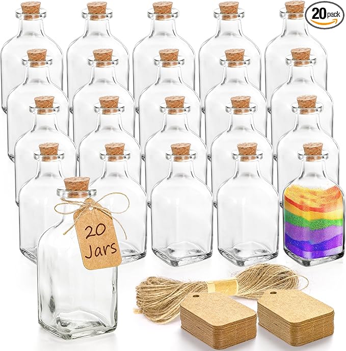 ZOOFOX 20 Pack Glass Bottles with Cork Stoppers, 3.4 oz Small Vintage Style Favor Jars, Clear Empty Cork Bottles for Party Favors, DIY Crafts, Extra Tags and String