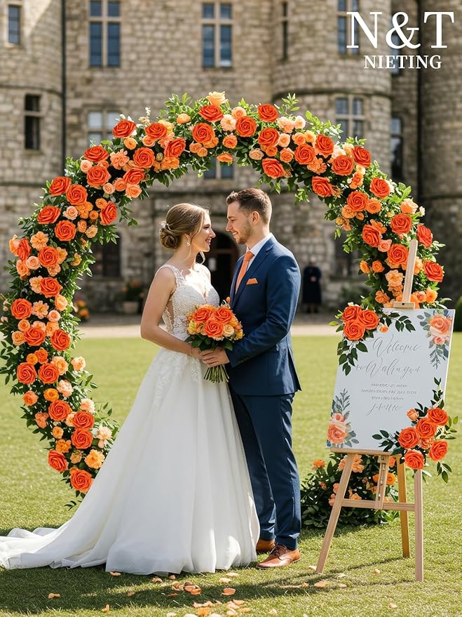 N&T NIETING Artificial Fall Flowers Fake Flowers Orange Roses Perfect for DIY Wedding Bridal Bouquets Centerpieces Bridal Shower Party Home Flower Arrangement Thanksgiving Decorations, 25Pcs