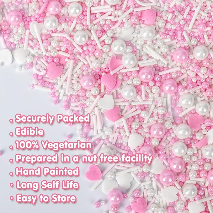 Edible Heart Sprinkles for Cake Decorating,White Pink Pearl Sugar Jimmies Mix Size 130g/4.58oz,Baking Candy Decorations,Cupcake Toppers,Cookie Donuts Ice Cream Dessert Decorating,Wedding Birthday Party Valentines Christmas Supplies