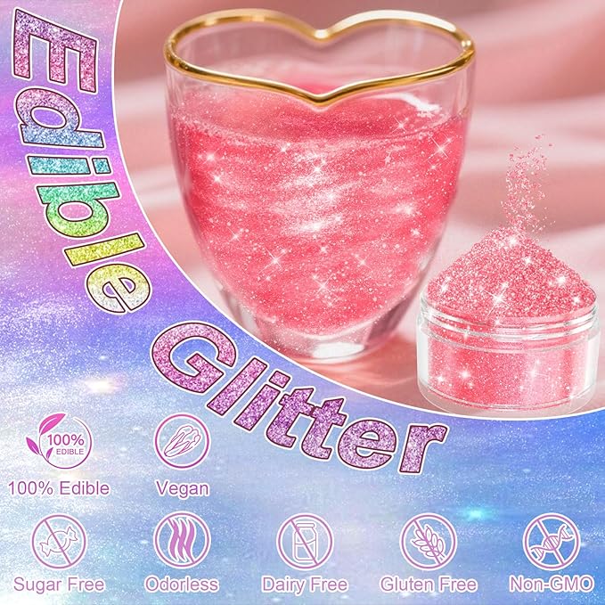 Edible Glitter for Drinks - 20 Glimmer Colors Luster Dust Edible, Food Grade Shimmering Cake Decorating Edible Glitter for Cocktail, Cakes, Chocolate, Strawberries, Beverage, Vegan - 2g/bottle