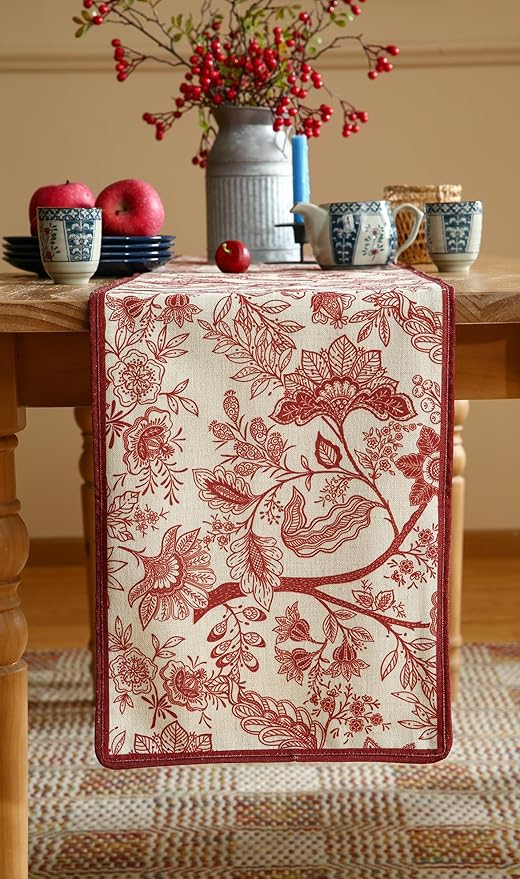 ISAENNE Designer Chinoiserie Elegant Linen Table Runner 87 Inches Long,Red Floral Pattern Decor Table Runners for Thanksgiving,Dining Room,Banquet,Kitchen Tables,Christmas,12"*87"-Ruyi A