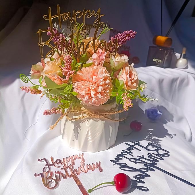 Happy Birthday Cake Toppers - 6 Pack (2 Styles, 3 Colors) Acrylic Cake Decorations for Women & Men Party Toppers for Cakes, Cupcakes