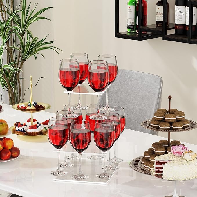 Champagne Tower, Rectangle Acrylic Champagne Display Rack Stand with 12 Slots, 2 Tiers Floating Sight Champagne Flute Holder for Party, Wedding, School, Celebration, 13.3x9.4x15.3 inch, 2 Pcs