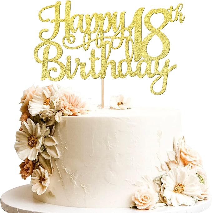 1 PCS Happy 18th Birthday Cake Topper Gold Glitter Cheers to 18 Years Birthday Cake Pick 18 Fabulous Cake Decoration for Happy 18th Birthday Theme Party Decorations Supplies