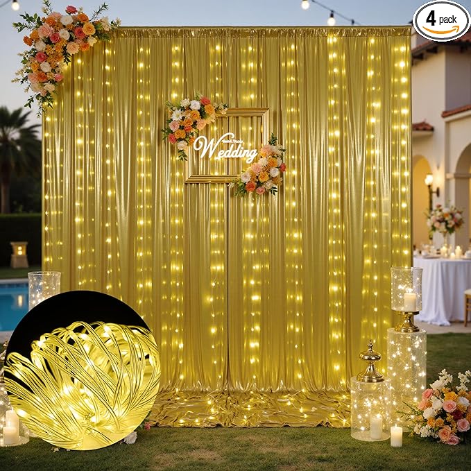20x10 Gold Sequin Backdrop Curtain with Lights-Wrinkle Free Thick Glitter Backdrop Drapes for Wedding Parties Events Halloween Decor-4 Panels 5×10ft Shimmer Photo Booth Background for Photography