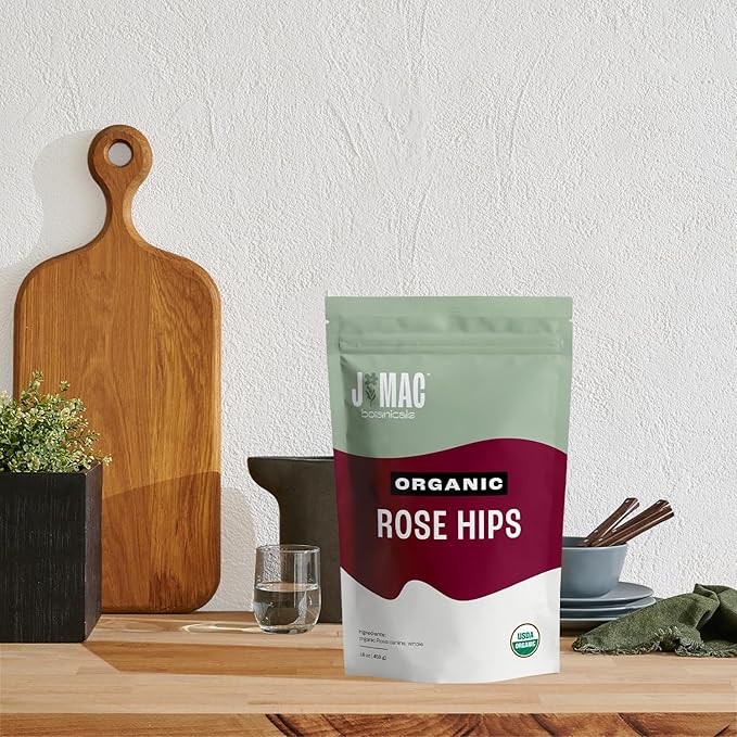 J MAC BOTANICALS Organic Rose Hips (1 Lb Bag) Whole, natural organic dried rose hips for herbal tea, rosehips dried organic, rosehip tea, packaged in the USA