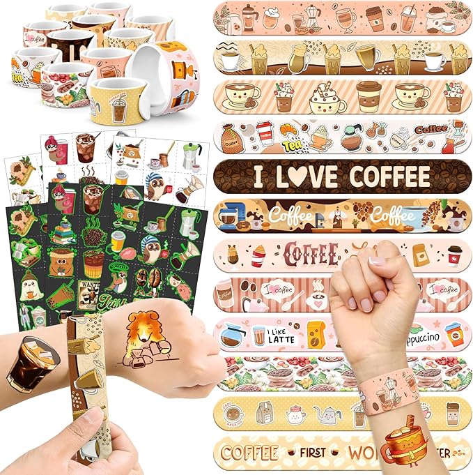 96 PCS Coffee Party Favors Set – 72 Pre-Cut Temporary Tattoos & 24 Slap Bracelets for Kids & Adults, Perfect for Coffee Lovers, Cafés, Birthday Parties & Classroom Rewards