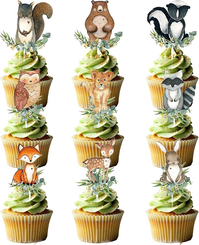 54-Piece Woodland Animal Cupcake Toppers – Neutral Forest Creatures Cake Picks for Baby Shower & Gender Reveal Party Decorations, Multicolor Fox, Deer, Owl & Bear Designs
