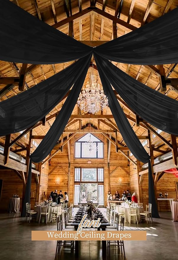 6 Panels Black Ceiling Drapes 5ftx20ft Wedding Chiffon Fabric Arch Draping Sheer Curtains Soft Drapery for Party Ceremony Stage Swag Decorations