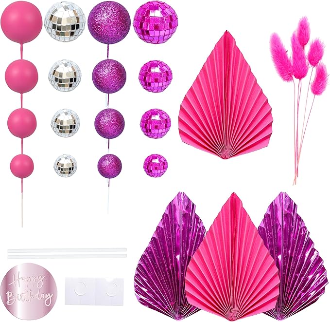 Ephlyn 33 Pack Balls Cake Toppers Boho Palm Leaves Cake Decorations Round Acrylic Happy Birthday Cupcake Toppers for Birthday Wedding Baby Shower Party Supplies Rose Red