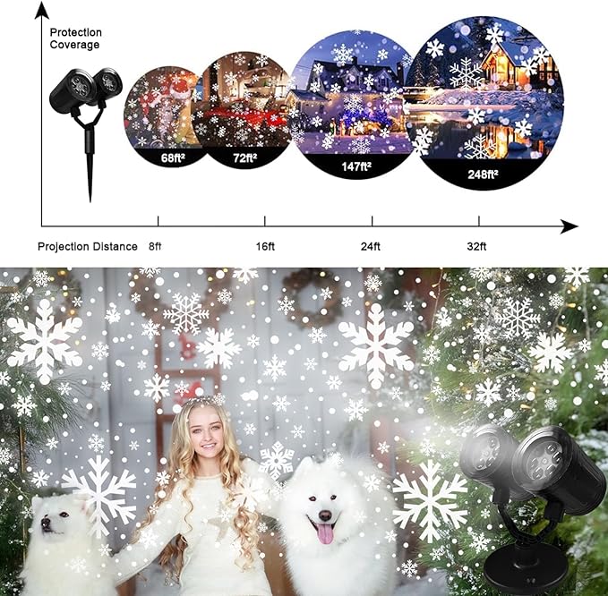 Christmas Snowflake Projector Lights Outdoor - Double Head Dynamic Snowflake Projector Lights with Waterproof Holiday Decorative Lighting for Indoor Outdoor, Xmas, Party, Yard Wall Decor