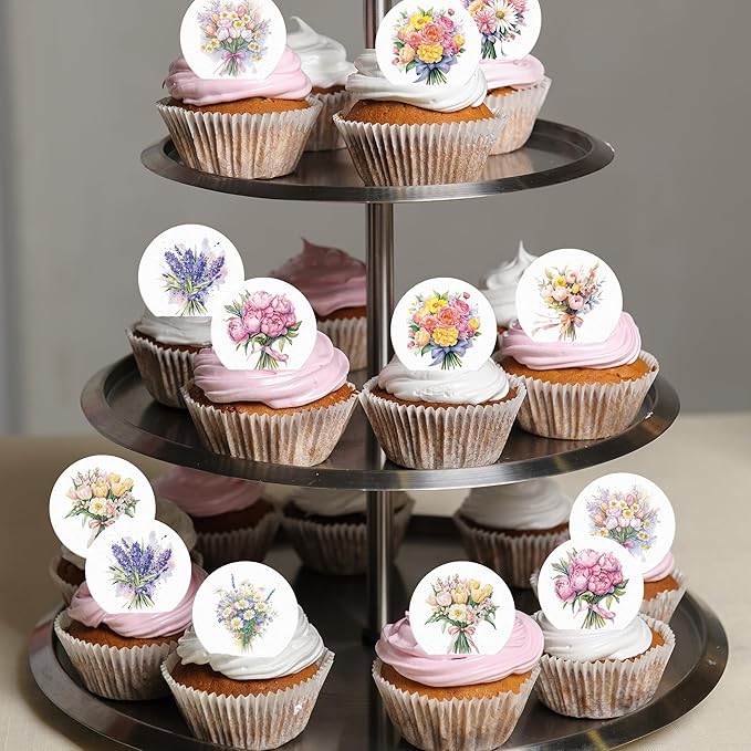 36PCS Edible Flower Bouquet Cupcake Toppers Wafer Paper Roses Daisy Lavender Flower Bouquet Decorations Flower Theme Party Birthday Baby Shower Party Supplie