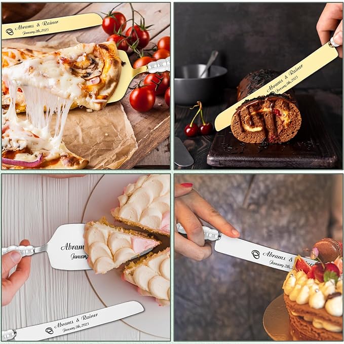 HJX Personalized Wedding Cake Knife and Server Set - Custom Name Engraved Cutting Set with Elegant Gift Box, Ideal for Bridal Wedding Anniversary Birthday Gifts (Pearl handle)