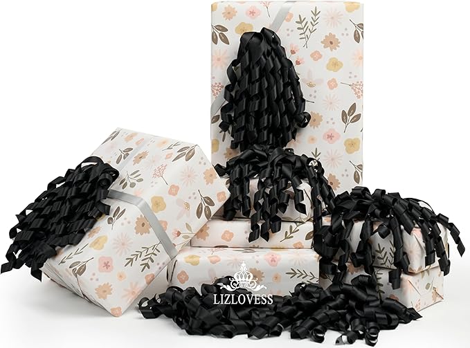 6 Inch Black Curly Bows for Gift Wrapping Set of 6, Self Adhesive Bows Black Gift Bows for Presents, Satin Ribbon Bows for Birthday, Wedding, Christmas, Bridal Shower, Gift Wrap Accessory