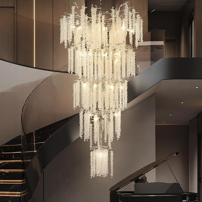 YUYI 118'' Modern Crystal Chandelier, Silver Chandelier for Entryway, Large Tree Branch Chandeliers for High Ceilings, Staircase, Foyer, Living Room, 28-Light 5-Tier Hanging Light Fixture