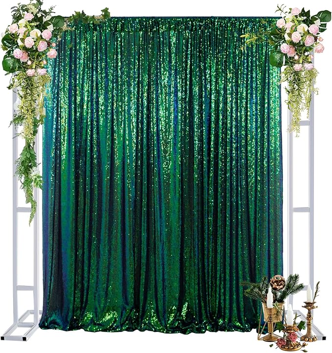 DUOBAO Colorful Green Sequin Backdrop Curtain 7FTx7FT Iridescent Green Glitter Sequins Photography Backdrops Wedding Ceremony Shiny Shimmer Wall Background Baby Shower Party Decorations (7FTx7FT)