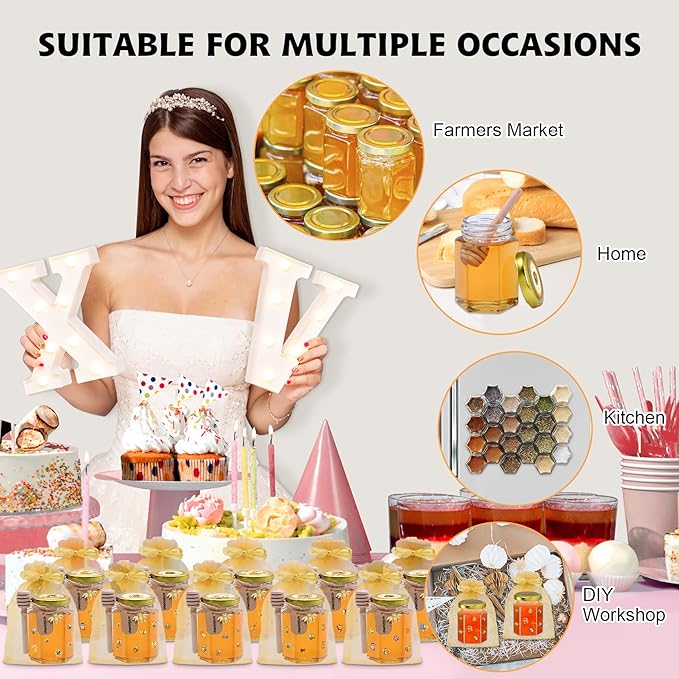 35 Pack 4 oz Mini Hexagon Glass Honey Jars with Dippers, Gold Lids, Bee Stickers, Bee Charms, Gift Bags & Jute– Empty Small Honey Jars for Party Favors Bulk, Ideal for Baby Showers ＆ Weddings