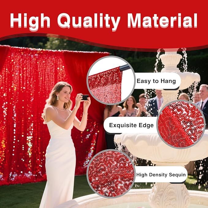 VOK Red Sequin Backdrop Curtains 4 Panels 2FTx8FT Glitter Photography Background for Wedding Birthday Christmas Party Decorations
