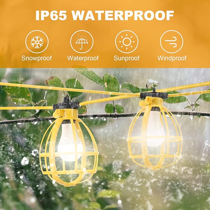 50FT Construction String Lights, 50W 5 Bulbs Work Lights with E26 Base, IP65 Waterproof, 4000LM 6500K Indoor & Outdoor Temporary Lighting for Workshop, Mine cave, Job Site