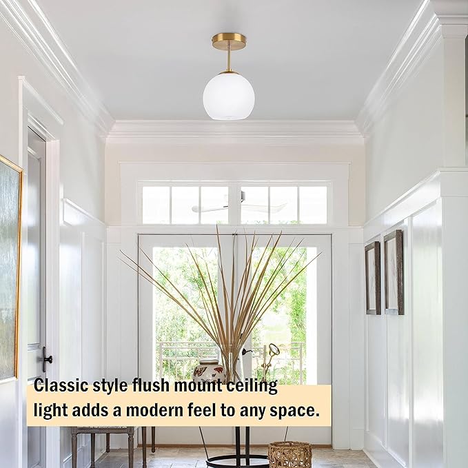 Gold Semi Flush Mount Ceiling Light Fixture Milk Glass Light Fixture Mid Century Flush Mount Ceiling Lights Brass Flush Mount Ceiling Schoolhouse Lights for Dining Room(Bulb Incl.)