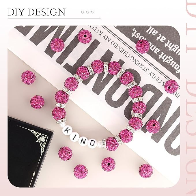 100 pcs 10mm Rhinestone Beads for Jewelry Making, Fuchsia Shiny Round Shamballa Disco Beads Bulk, Sparkle Crystal Clay Christmas for Bracelet Baseball Necklace Earring Crafting and DIY