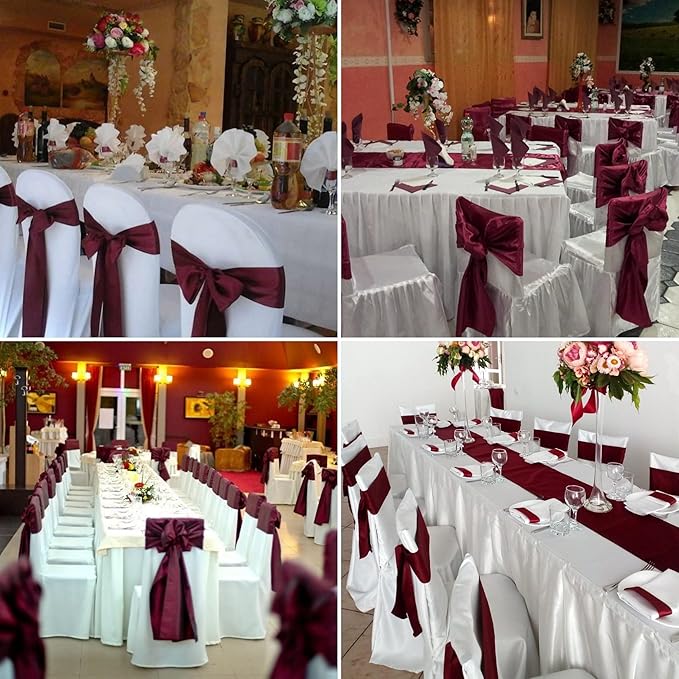 50 PCS Satin Chair Sashes Bows Decorative Universal Chair Cover Chair Ribbon Ties Back Sash for Wedding Birthday Party Ceremony Reception Hotel Events Banquet Restaurant Decor(7 x 108inch,Burgundy)