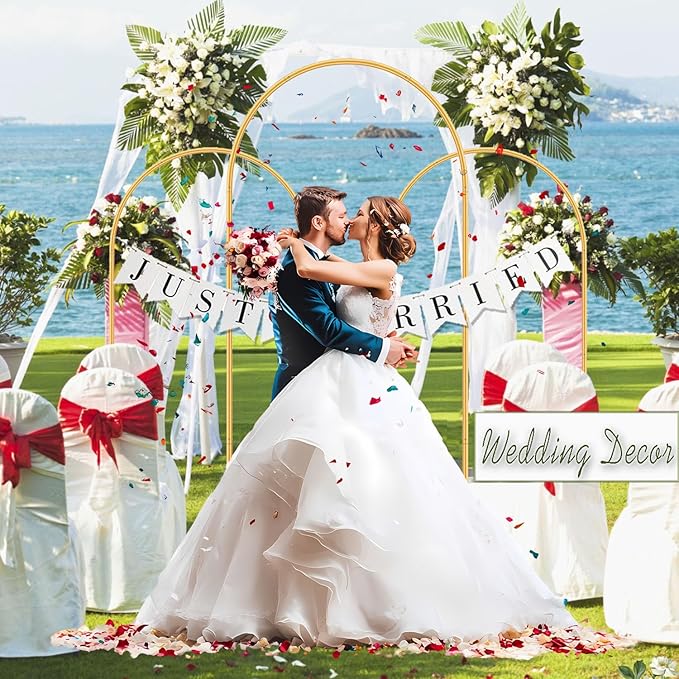 Arch Backdrop Stand Set with Cover,(7.2ft,6ft x 2) Arched Frame Stand & Spandex Wedding Arch Cover & Storage Bag (White, 7.2Ft+6Ft+6Ft)