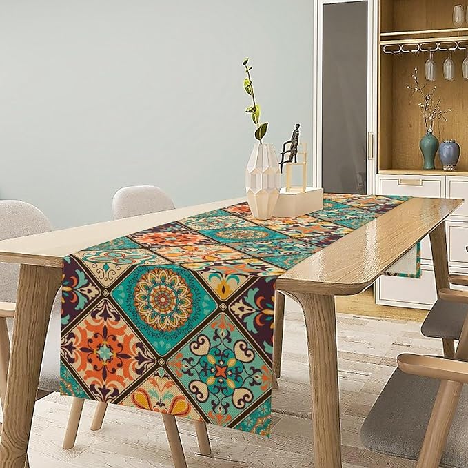 Bohemian Patchwork Table Runnerboho Colorful Tile Patchwork Indian Floral Print Table Runner for Home Kitchen Indoor Outdoor Party Wedding Decor, 13x120inch