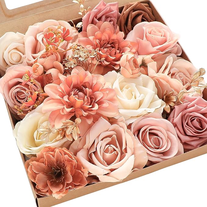 Floroom Terracotta Artificial Flowers Burnt Orange Fake Roses Dahlias and Greenery Combo Box Set for DIY Wedding Bouquets Bridal Shower Centerpieces Floral Arrangements Party Tables Home Decorations