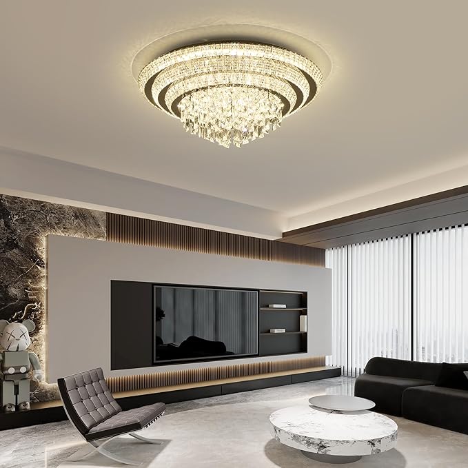30 inch Crystal Silver Ceiling-Light Flush Mount with Remote Control and APP, 3CCT Dimmable & Brightness Adjustable, Modern Crystal Raindrop Chandeliers for Bedroom Hallway Dinning Room Living Room