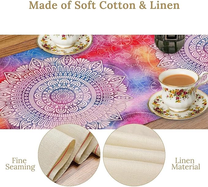 Vintage Mandala Table Runner, Bohemian Indian Purple Starry Colorful Floral Print Table Runner for Home Kitchen Dining Table Party Decor, 13x60inch