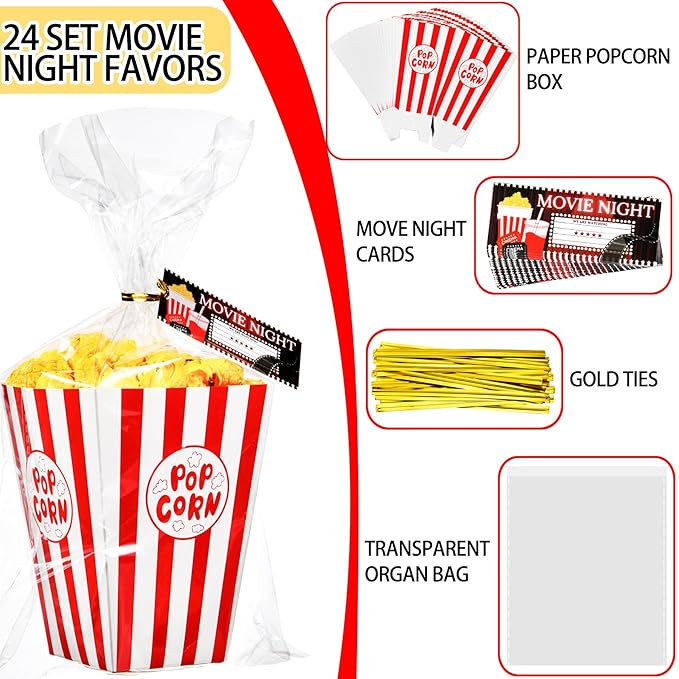 24set Movie Night Party Favors include Paper Popcorn Box Cellophane Bags and Ticket for Movie Theme Birthday Wedding Party Supplies