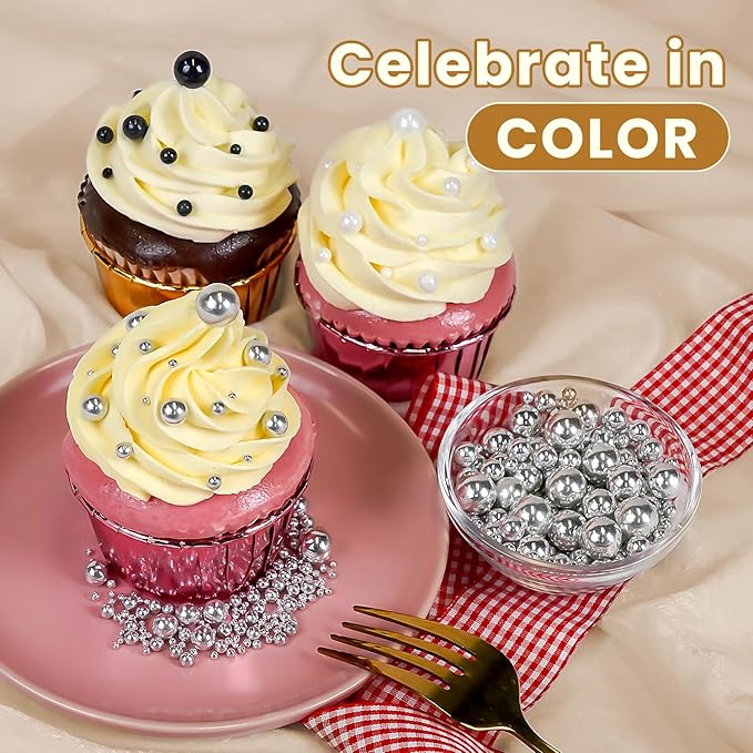 Edible Silver Pearl Sugar Sprinkles, Silver Pearls for Cake Decorating, Mix Size, 180g/6.35oz, Cake Decorations, Cupcake Toppers, Cookie Decoration, Wedding Party Supplies