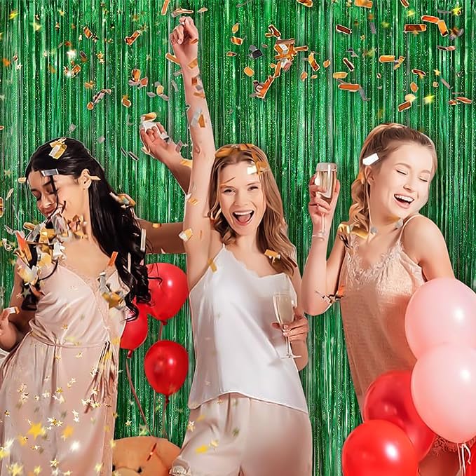 Green Metallic Tinsel Foil Fringe Curtains, 2 Pack 3.3x8.3 Feet Party Streamer for Birthday Party Decorations, Halloween Decor, Foil Curtain Backdrop for Bachelorette Party