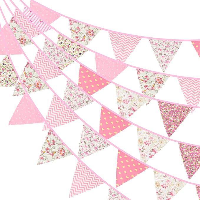 jijAcraft 39Ft Triangle Bunting Banner, 42Pcs Tea Floral Party Bunting Cotton Fabric Flags Pennant Garlands for Birthday Party, Wedding, Baby Shower, Outdoor and Home Decorations (Pink)